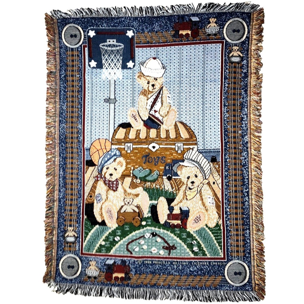 New 1996 Priscilla Hillman Teddy Bear Tapestry Throw Blanket Afghan Sports 39x50